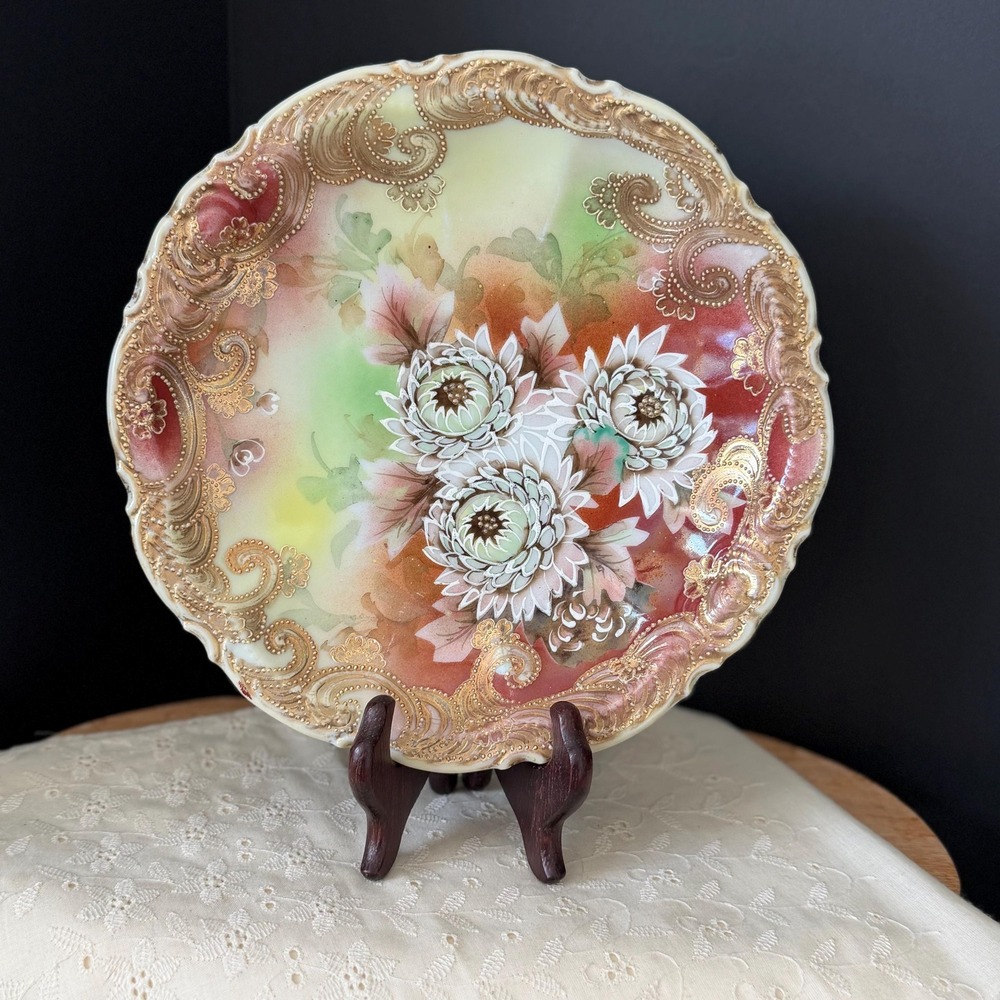 Vintage Japanese Porcelain Floral Bowl 8" Hand Painted Moriage Decor